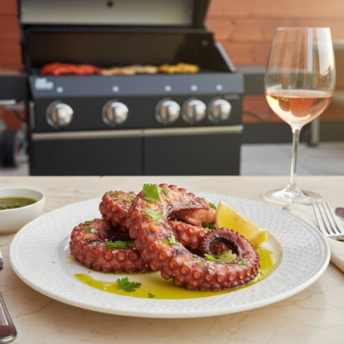 Gegrillte Pulpo-Tentakeln mit Röststreifen auf weißem Teller, Zitronen-Kräuteröl glänzend, mediterrane Tischszene, 45°-Aufnahme