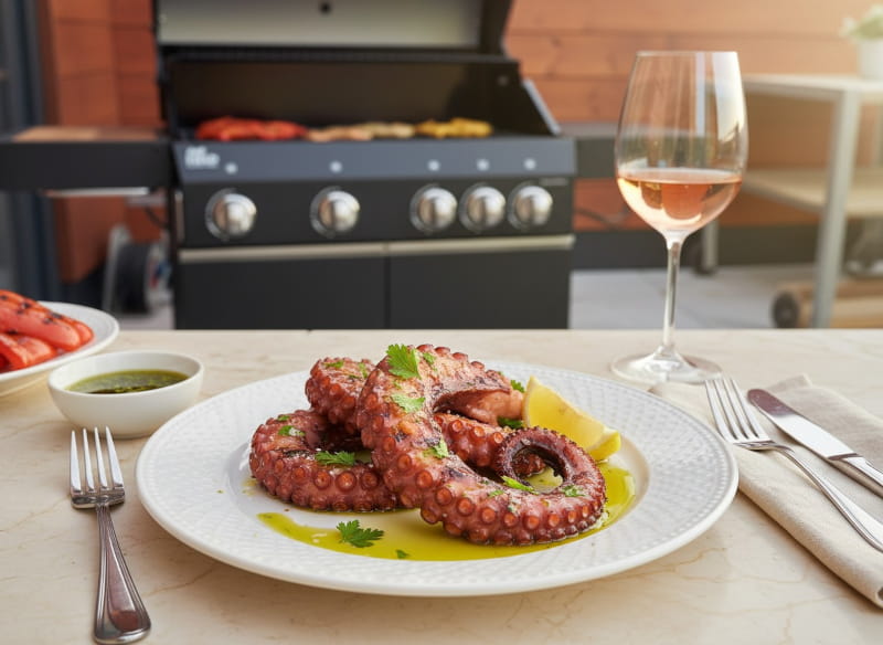 Gegrillte Pulpo-Tentakeln mit Röststreifen auf weißem Teller, Zitronen-Kräuteröl glänzend, mediterrane Tischszene, 45°-Aufnahme