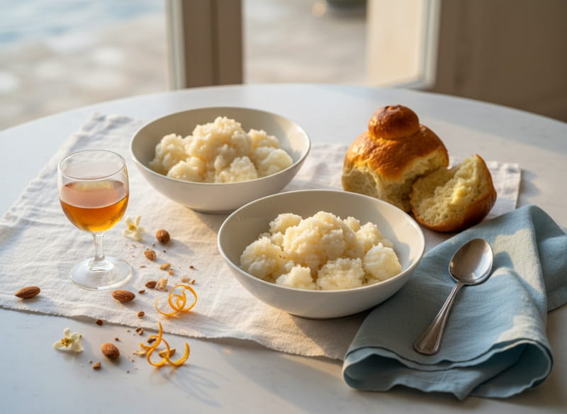 Granita alla mandorla in weißer Keramikschüssel, kristallin und cremigweiß, Brioche col tuppo goldbraun daneben, Passito-Glas bernsteinfarben beschlagen, Mandeln auf weißem Marmortisch, sizilianisches Morgenlicht, Tablescape