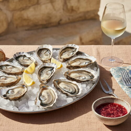 Zwölf geöffnete Huîtres de Thau auf zerstoßenem Eis, perlmuttfarben glänzend, Zitronenspalten dazwischen, Mignonette-Sauce im Schälchen, Weißweinglas hellgolden beschlagen, heller Kalkstein, Mittelmeerlicht, klassisch zentriert