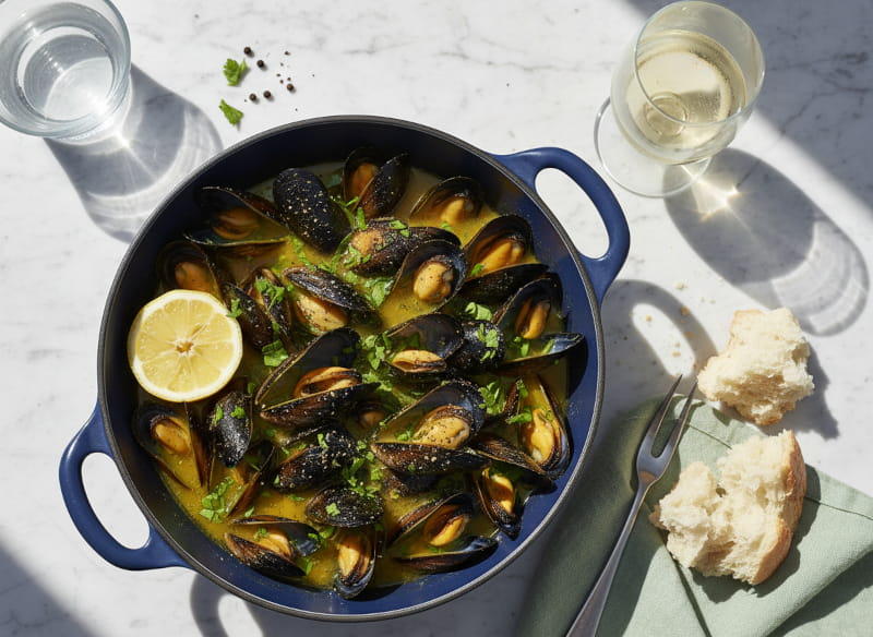 Impepata di cozze von oben, geöffnete Miesmuscheln in dunklem Topf mit goldenem Sud, schwarzer Pfeffer und frische Petersilie, Weißweinglas beschlagen, weißer Marmortisch, Mittagslicht, Vogelperspektive