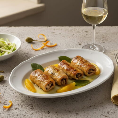 Involtini di pesce spada auf weißem Porzellanteller, vier goldbraune Rollen mit Orangenscheiben und Lorbeer, Weißweinglas beschlagen, Lava-Steinoberfläche, weiches Abendlicht, klassisch zentriert