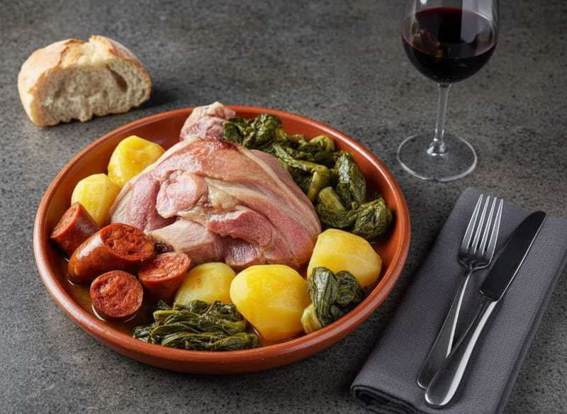 Lacón con grelos auf Tonplatte, Schweinefleisch rosa und saftig, Grelos dunkelgrün, Chorizo rot, Kartoffeln gelbweiß, Rotweinglas mit Mencía dunkelrot, dunkelgrauer Granit, atlantisches Winterlicht, schräge Vogelperspektive