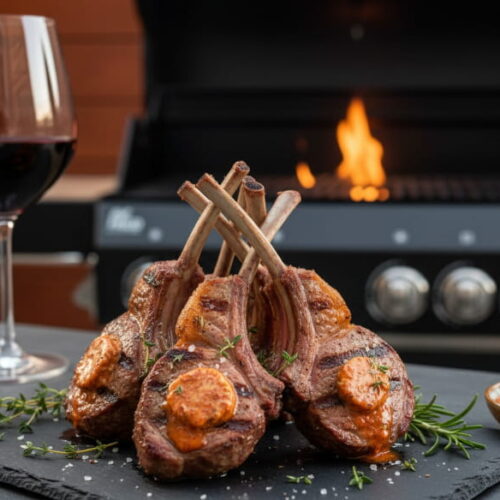 Gegrilltes Lammrack mit Harissa-Butter auf dunkler Schieferplatte, Grillstreifen sichtbar, Nahaufnahme, warmes Abendlicht