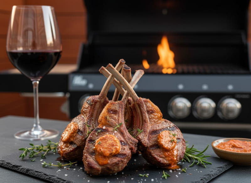Gegrilltes Lammrack mit Harissa-Butter auf dunkler Schieferplatte, Grillstreifen sichtbar, Nahaufnahme, warmes Abendlicht