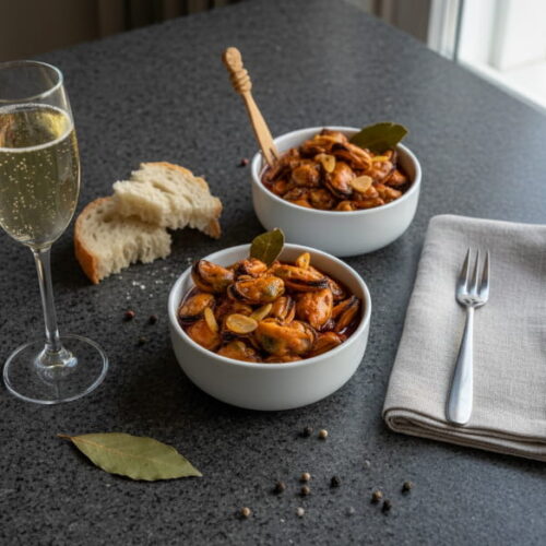 Mejillones en escabeche in weißer Keramikschale, Muscheln in Pimentón-Marinade glänzend, Knoblauch und Lorbeer sichtbar, Sektglas mit perlenden Albariño, galicischer Granit, atlantisches Abendlicht, Tablescape