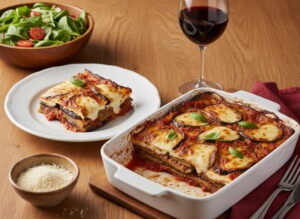 Melanzane alla Parmigiana in weißer Auflaufform, Schichten aus Auberginen, Tomatensauce und geschmolzenem Käse sichtbar, frisches Basilikum, Rotweinglas rubinrot, warmes Abendlicht, Tablescape-Perspektive