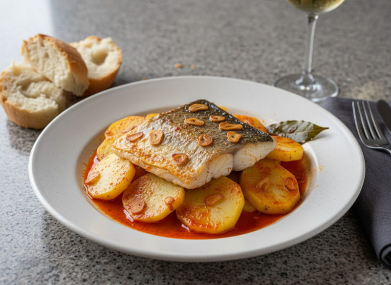 Merluza a la gallega im weißen Keramikteller, Seehecht auf Kartoffelscheiben mit leuchtendem Pimentón-Refrito, Knoblauchscheiben goldbraun, Weißweinglas beschlagen, galicischer Granit, diffuses Atlantiklicht, Nahaufnahme