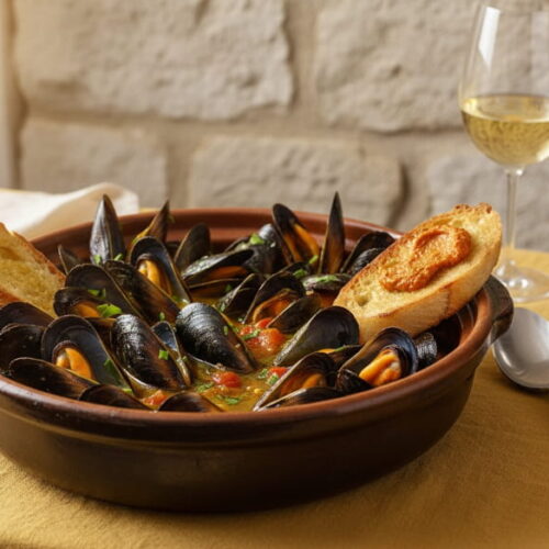 Moules à la sétoise in irdener Keramikschale, Muscheln schwarz-glänzend geöffnet, Safranbrühe goldgelb mit Tomaten, Rouille auf Baguette schwimmend, Weißweinglas hellgolden, heller Kalkstein, mediterranes Nachmittagslicht, Nahaufnahme