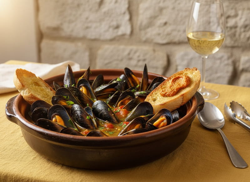 Moules à la sétoise in irdener Keramikschale, Muscheln schwarz-glänzend geöffnet, Safranbrühe goldgelb mit Tomaten, Rouille auf Baguette schwimmend, Weißweinglas hellgolden, heller Kalkstein, mediterranes Nachmittagslicht, Nahaufnahme