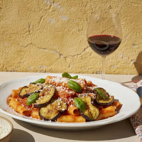 Pasta alla Norma auf weißem Porzellanteller, Rigatoni mit roter Tomatensauce, goldbraune Auberginen, weißer Ricotta salata gerieben, frisches Basilikum, Rotweinglas rubinrot, ockergelbe sizilianische Wand, hartes Mittagslicht, klassisch zentriert