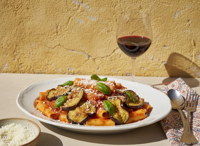 Pasta alla Norma auf weißem Porzellanteller, Rigatoni mit roter Tomatensauce, goldbraune Auberginen, weißer Ricotta salata gerieben, frisches Basilikum, Rotweinglas rubinrot, ockergelbe sizilianische Wand, hartes Mittagslicht, klassisch zentriert