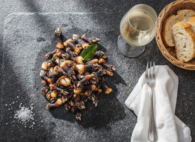 Percebes al natural auf dunklem Holzbrett von oben, Entenmuscheln glänzend mit cremweißem Fleisch, Meersalz daneben, Weißweinglas stark beschlagen, dunkelgrauer Granit, diffuses Atlantiklicht, Overhead