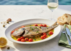 Ganze Dorade in goldenem Tomatensud auf weißem Porzellanteller, Kirschtomaten, Kapern und frische Petersilie ringsum, Weißweinglas beschlagen, helle Steinoberfläche, süditalienisches Mittagslicht, klassisch zentriert