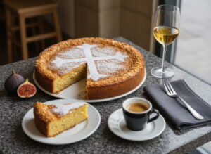 Tarta de Santiago mit weißem Cruz de Santiago aus Puderzucker auf goldbrauner Oberfläche, Stück herausgeschnitten, Weißweinglas honiggelb, Espresso daneben, galicischer Granit, atlantisches Nachmittagslicht, Tablescape
