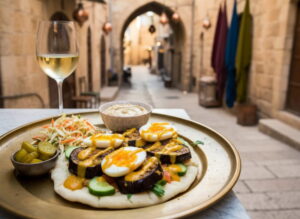 Israelischer Sabich mit gebratener Aubergine, Ei und Tahini, Weißweinglas, Setting Jerusalemer Altstadt