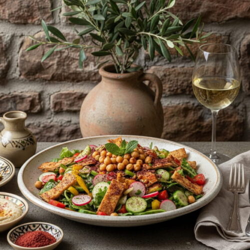 Libanesischer Fattoush-Salat mit gerösteten Kichererbsen und Sumach, Weißweinglas, mediterranes Setting