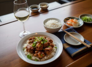 Philippinisches Chicken Adobo mit Essig, Sojasauce und Lorbeer, Weißweinglas, Sushi-Bar-Setting