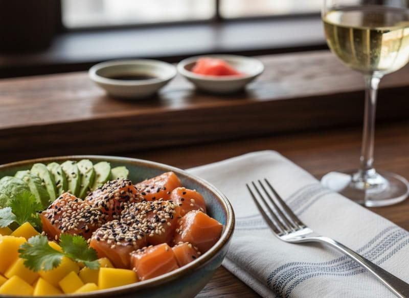 Poke Bowl mit Lachs, Mango, Avocado und Sesam in Schale, Weißweinglas, Sushi-Bar-Setting