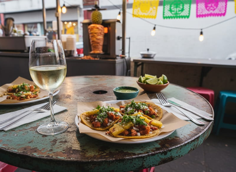 Tacos al Pastor mit Ananas und Koriander, Weißweinglas, authentisches Streetfood-Imbissstand-Setting Mexiko-Stadt