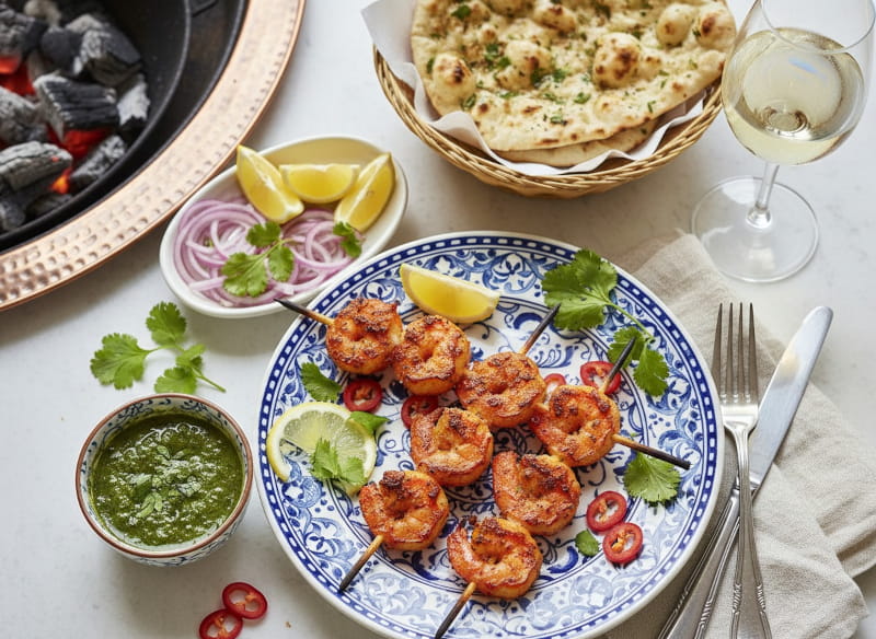 Tandoori-Garnelen-Spieße mit Minz-Koriander-Chutney, Weißweinglas, BBQ-Setting