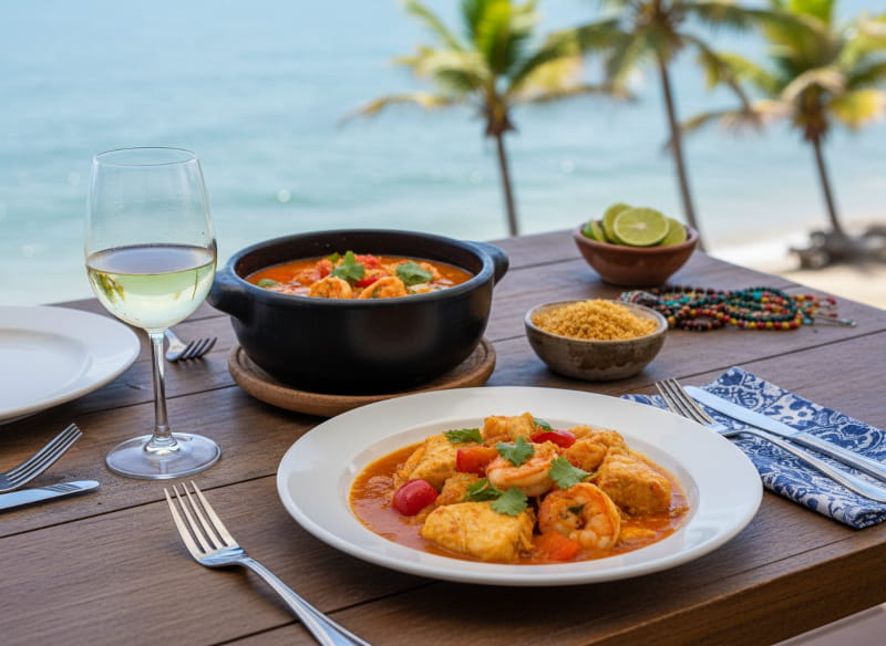 Brasilianische Moqueca de Peixe mit Kokosmilch und Dendê-Öl, Weißweinglas, bahianisches Küsten-Setting