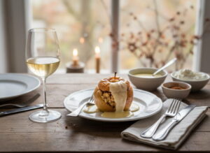 Bratapfel mit Marzipan-Zimt-Füllung, Weißweinglas, herbstliches Kerzenlicht-Setting