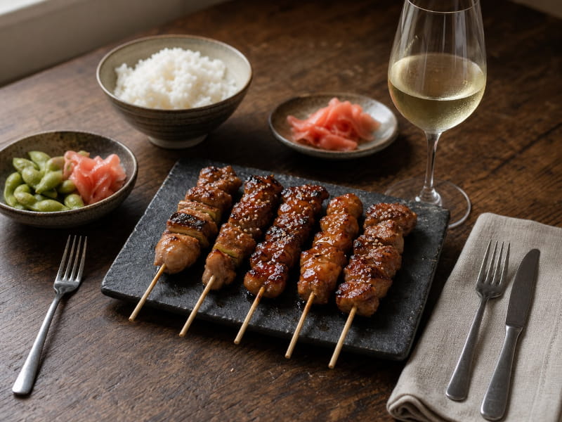 Japanisches Yakitori vom Holzkohlegrill mit Tare-Glasur, Weißweinglas, japanisches Setting