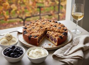 Traubenkuchen mit Mandelstreuseln, Weißweinglas, herbstliches Weinberg-Setting